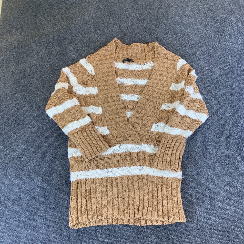 Bebe Sweater Womens Medium Tan White Striped Chunky Knit V-Neck Pullover Winter
